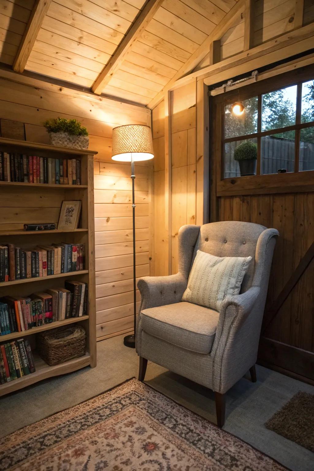 Transform your shed into a tranquil reading getaway with a cozy arrangement.