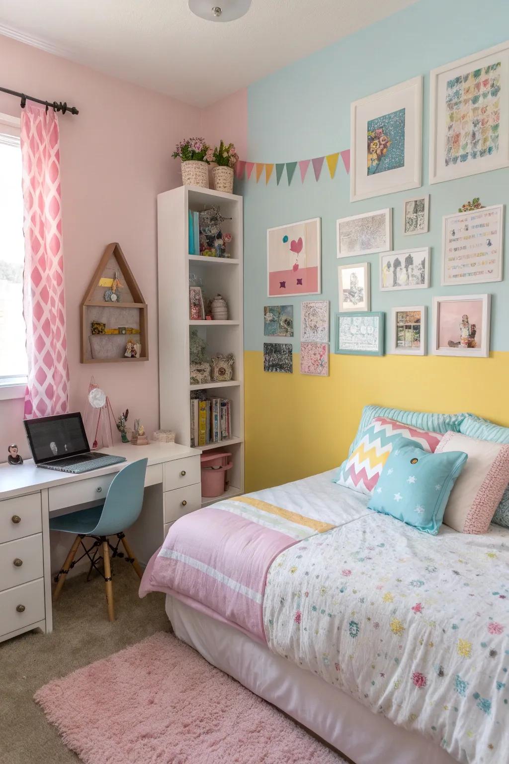 Soft colors establish a peaceful setting while incorporating a playful element.