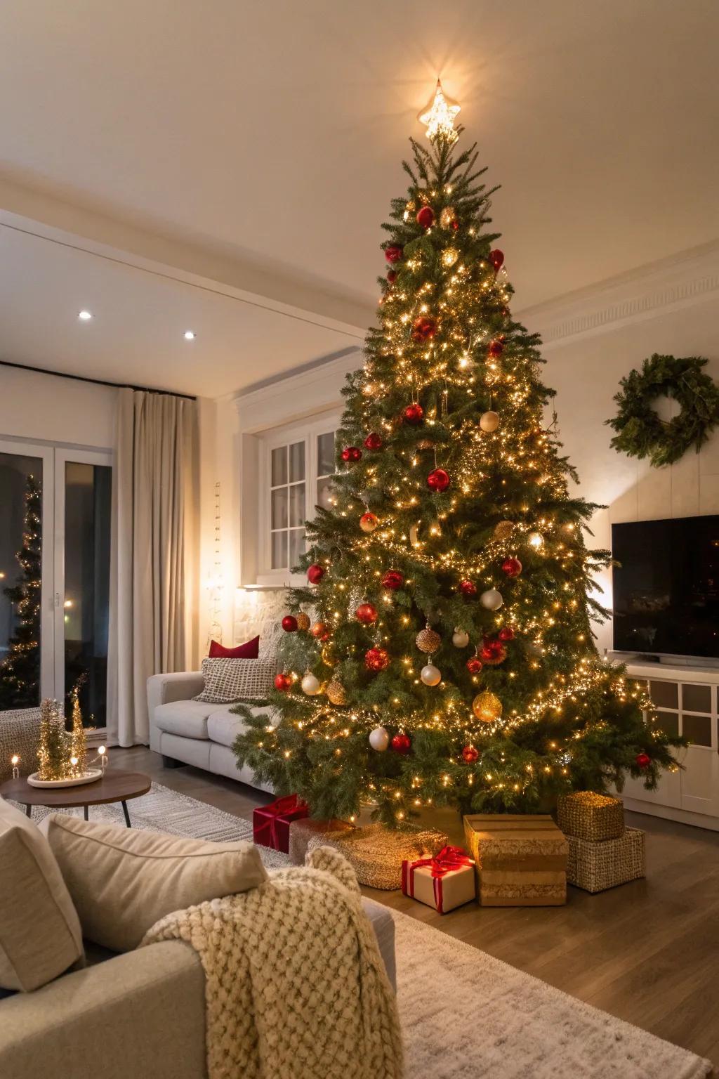 A majestic Christmas tree commands attention in this festive living space.