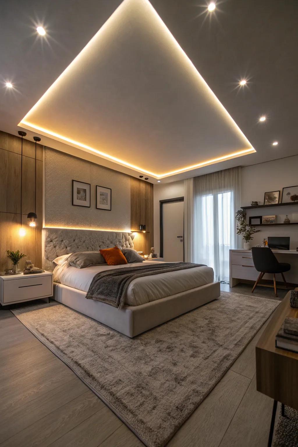 LED light ribbons stylishly accenting the bed and ceiling for a modern flair.