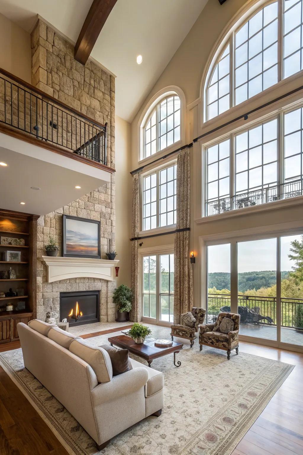 The great room’s expansive window wall provides a stunning vista.