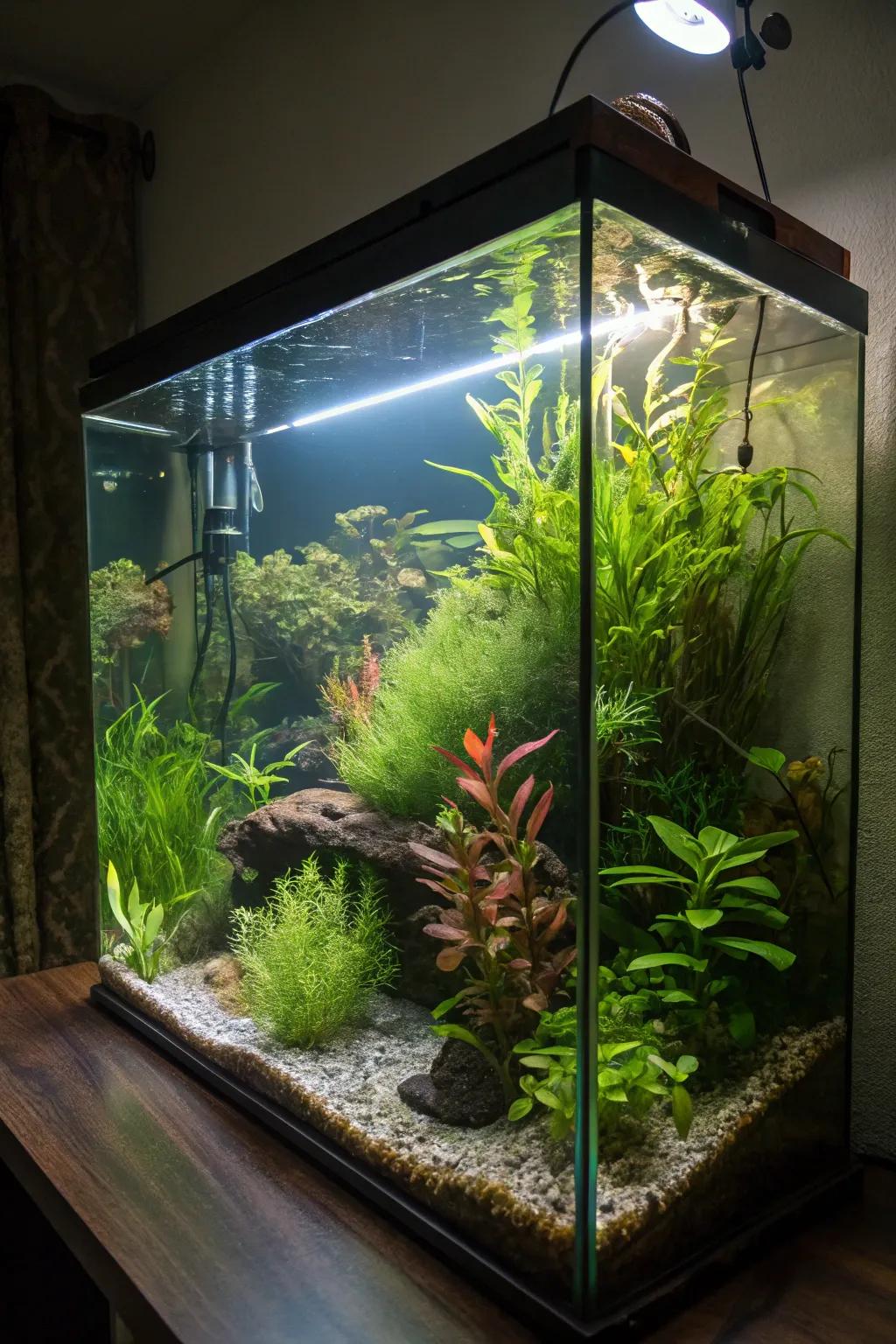 A rich botanical sanctuary introduces a natural element to your aquarium.