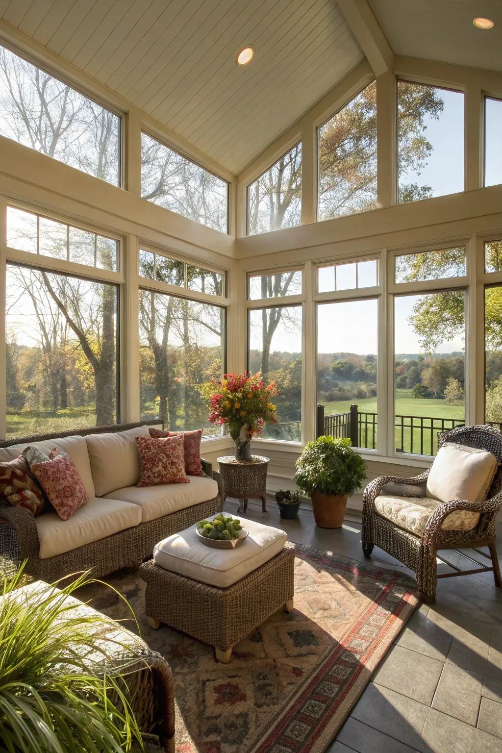 A bright, airy porch featuring expansive windows.