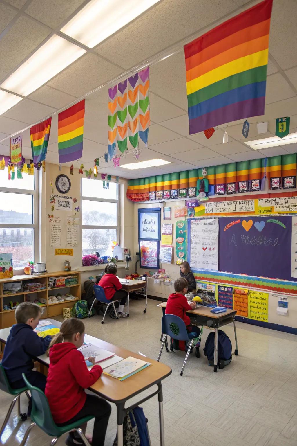 A third-grade classroom glowing with a lively rainbow theme
