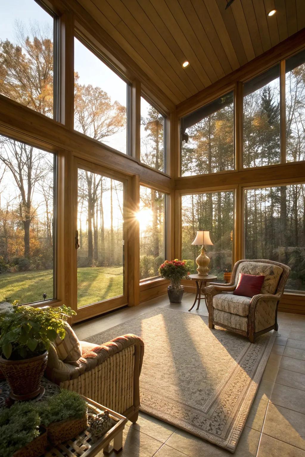 A sun-kissed four season room featuring wide glass walls.