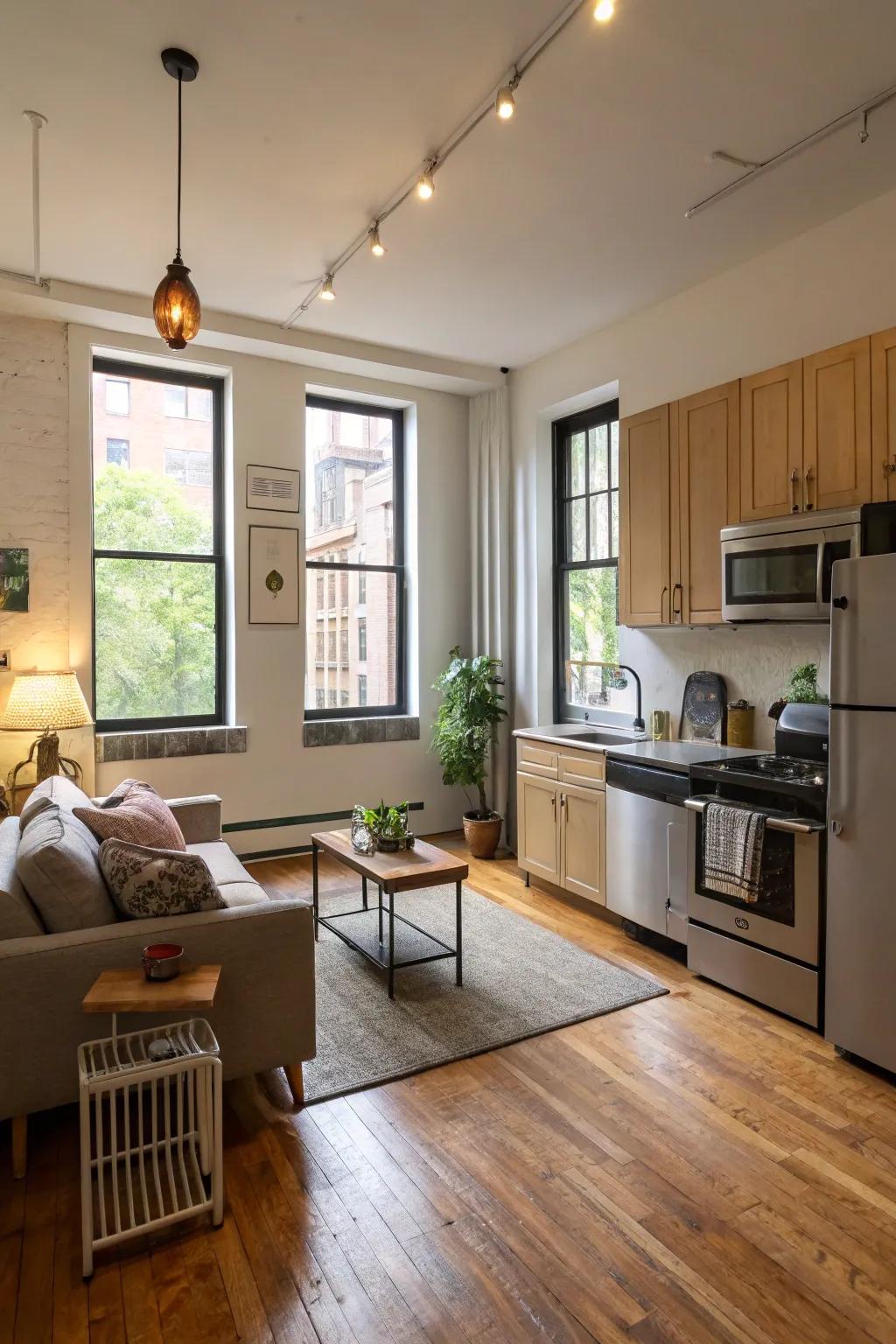 The open layout effortlessly combines cooking and living.