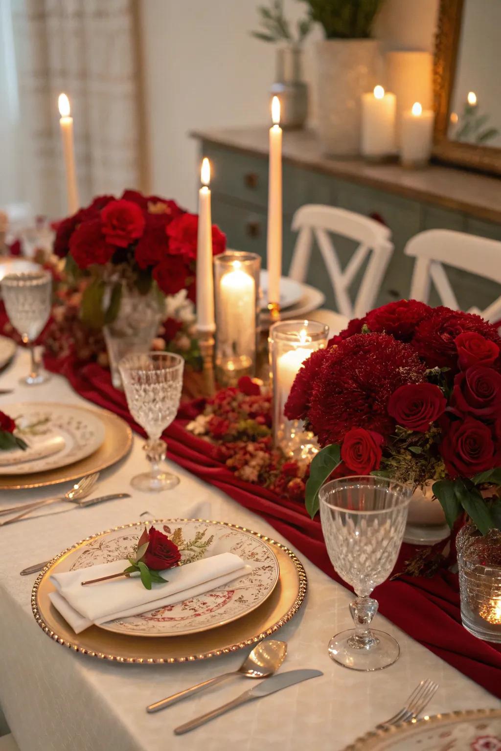 Ruby red floral centerpieces create the perfect atmosphere for a 40th anniversary.