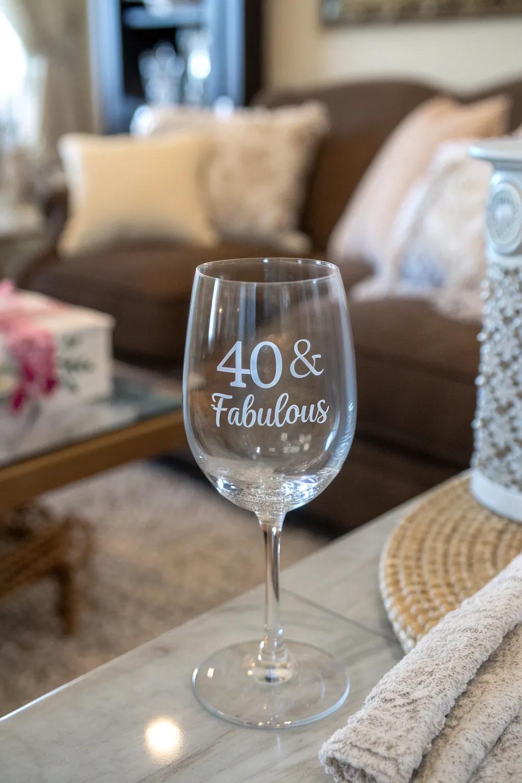 A custom wine glass serves as a perfect keepsake for a 40th birthday.
