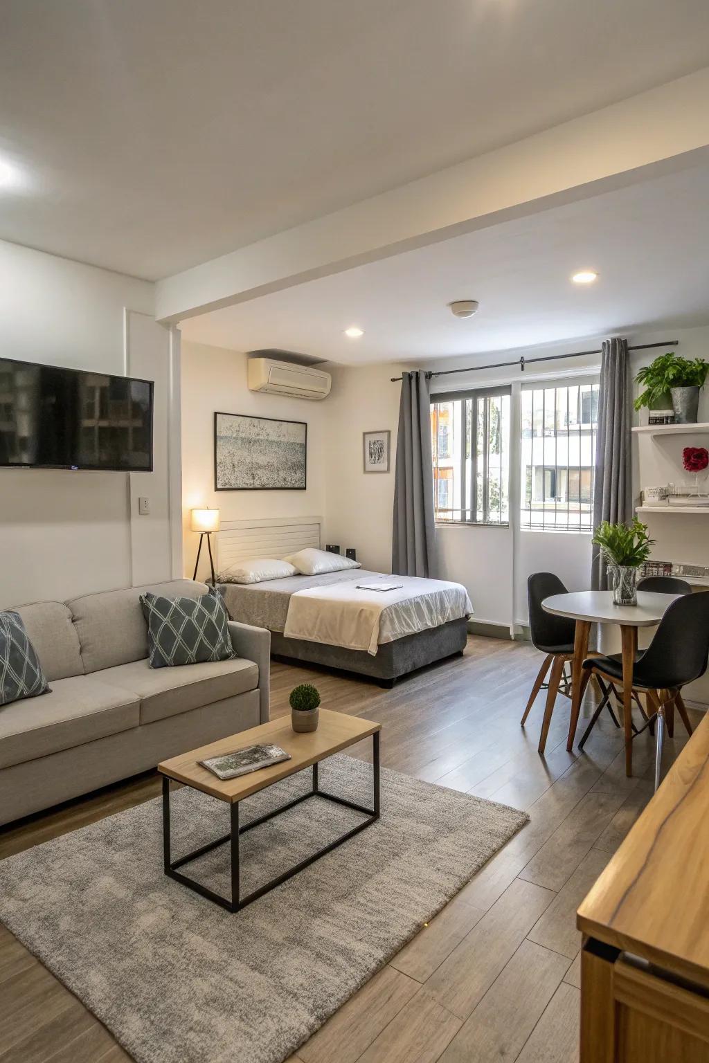 Smoothly blend your living spaces for a balanced studio apartment.