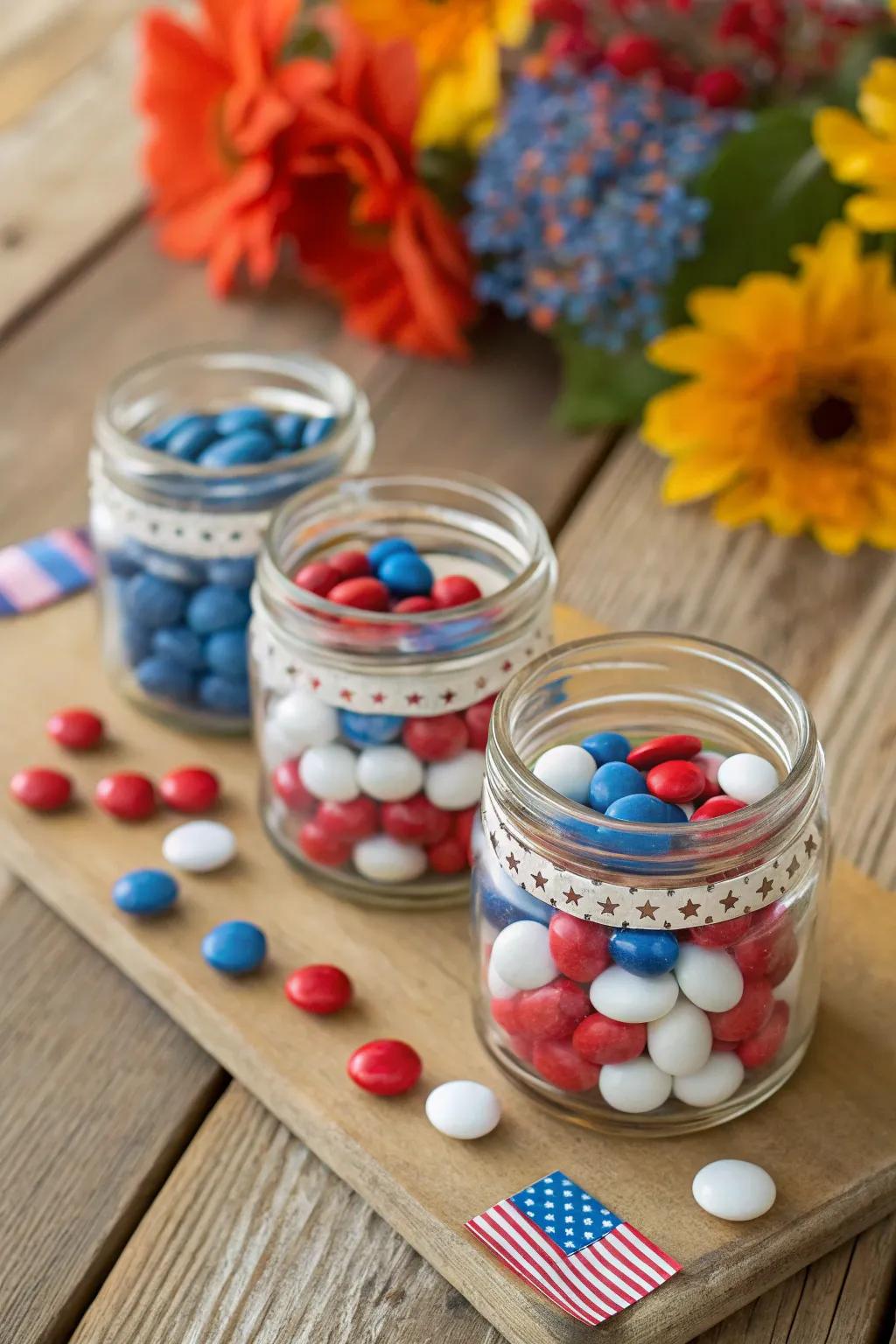 Mini glass containers brimming with patriotic candies