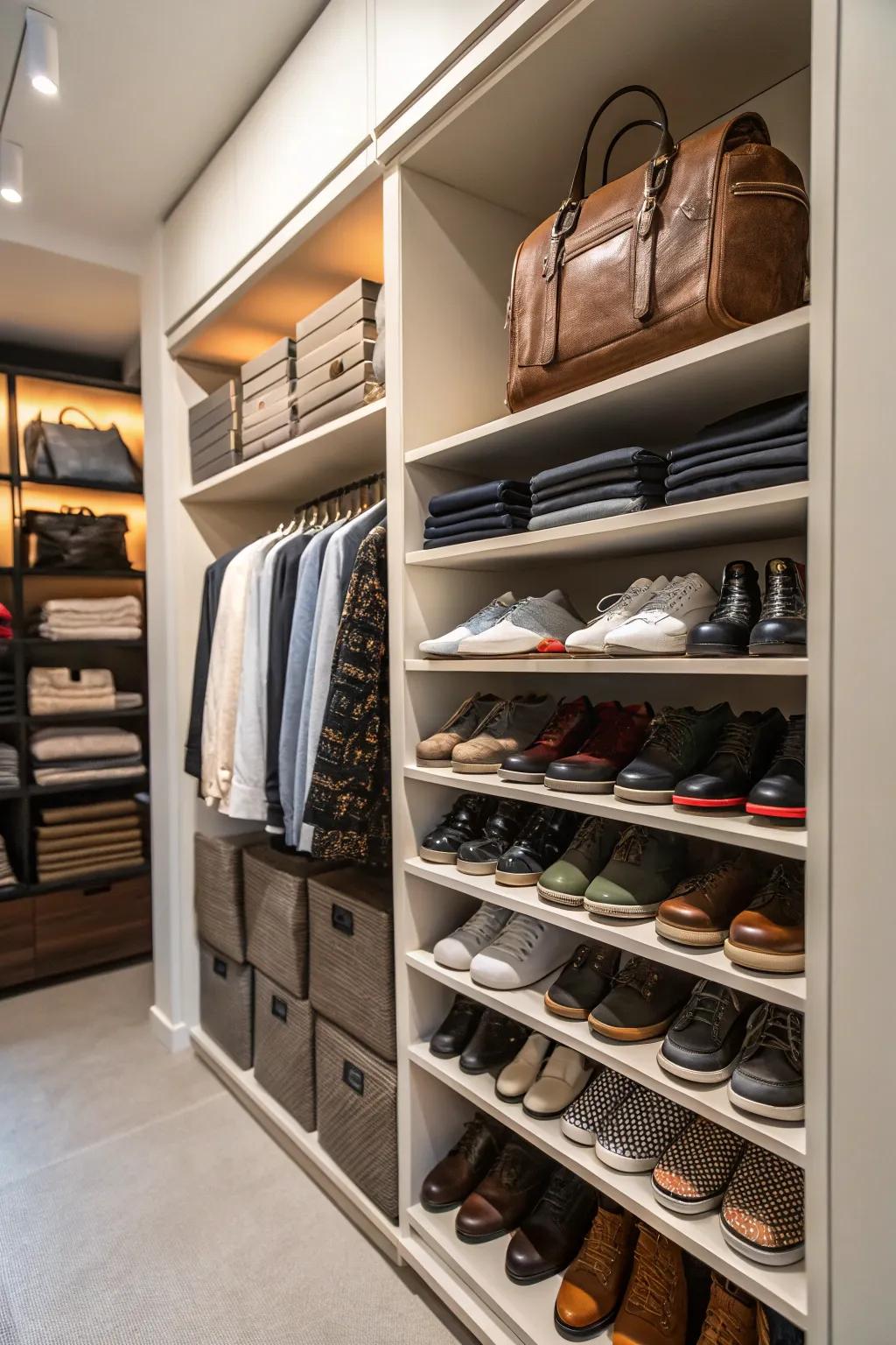 Effective use of vertical space in a small closet.