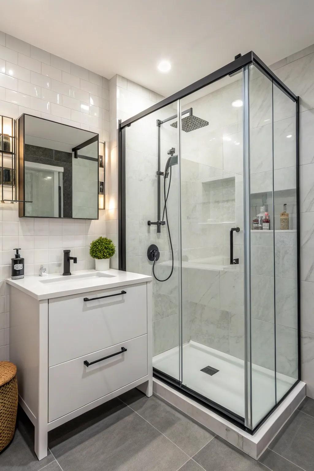 A corner shower cleverly maximizes space within a smaller 4x6 bathroom layout.
