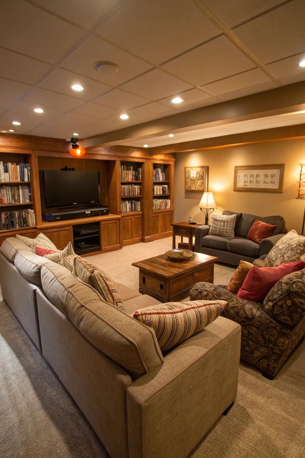Design an inviting family lounge in your basement, perfect for intimate get-togethers.