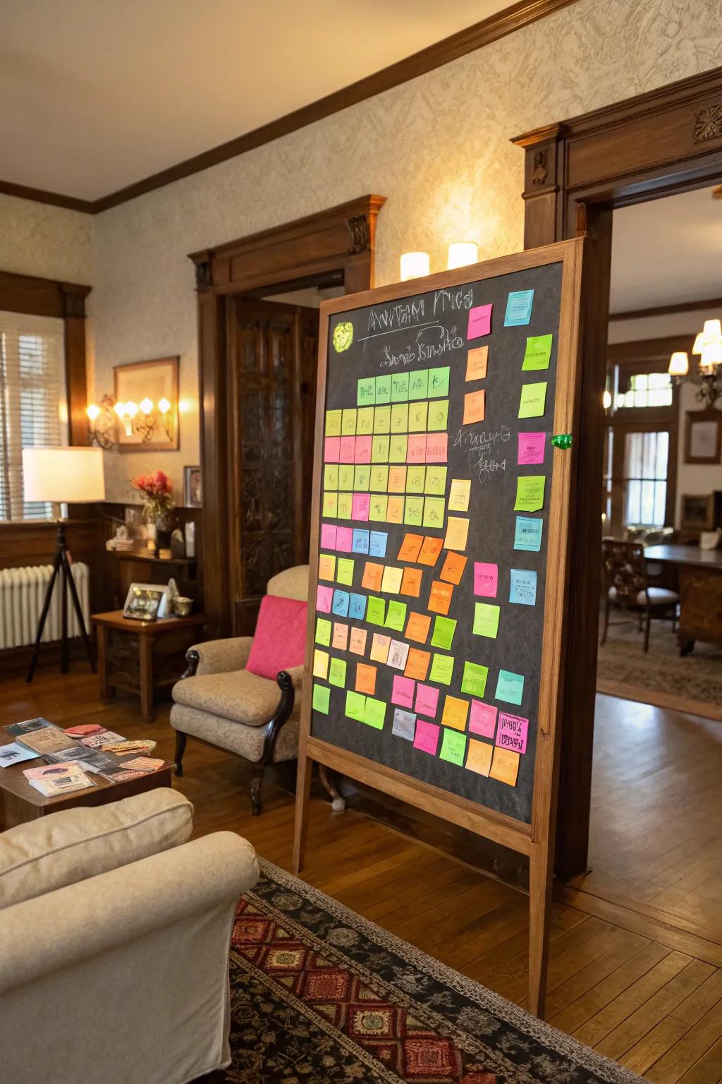 A pinboard adorned with neon self-adhesive notes and radiant markers.