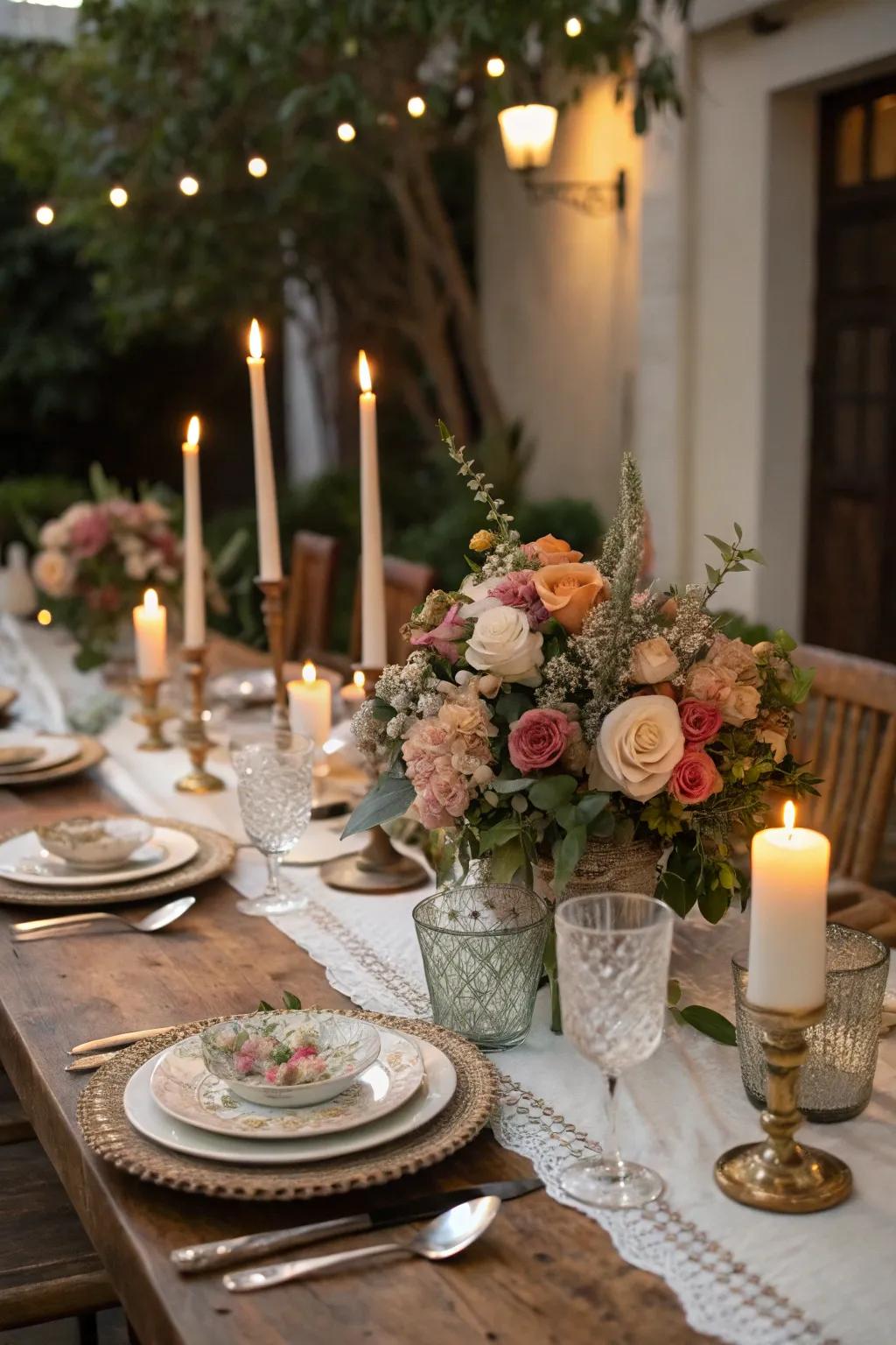An exquisitely arranged table adorned with blossoms and lights, ideal for a momentous festivity.