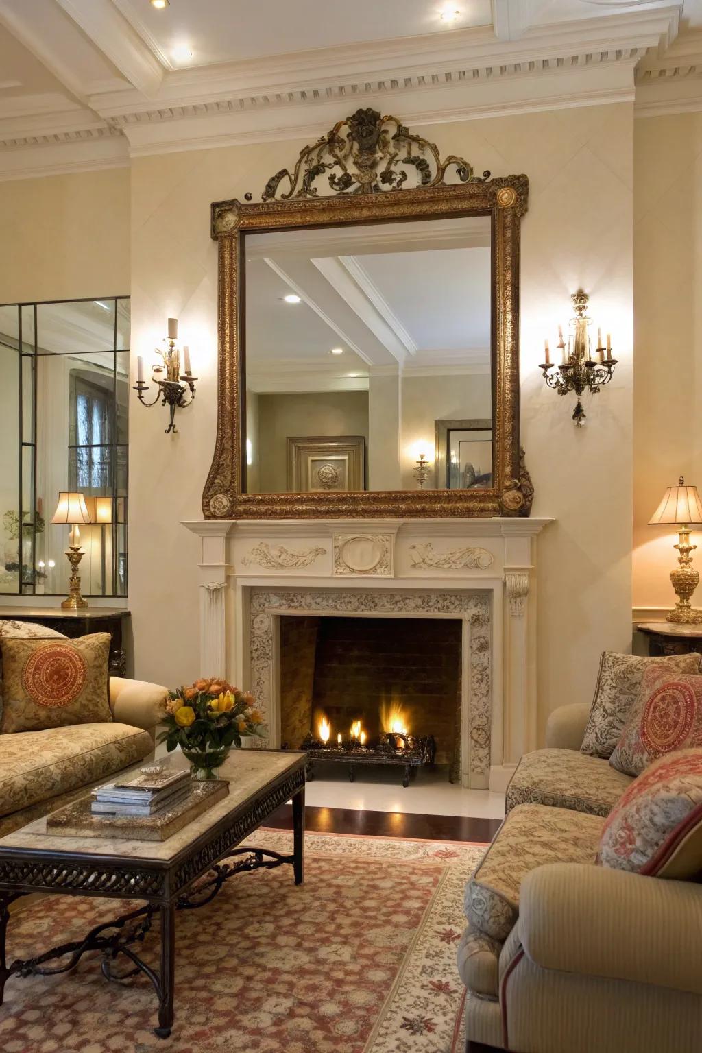 A grand mirror positioned over the fireplace greatly improves the room's depth and brightness.