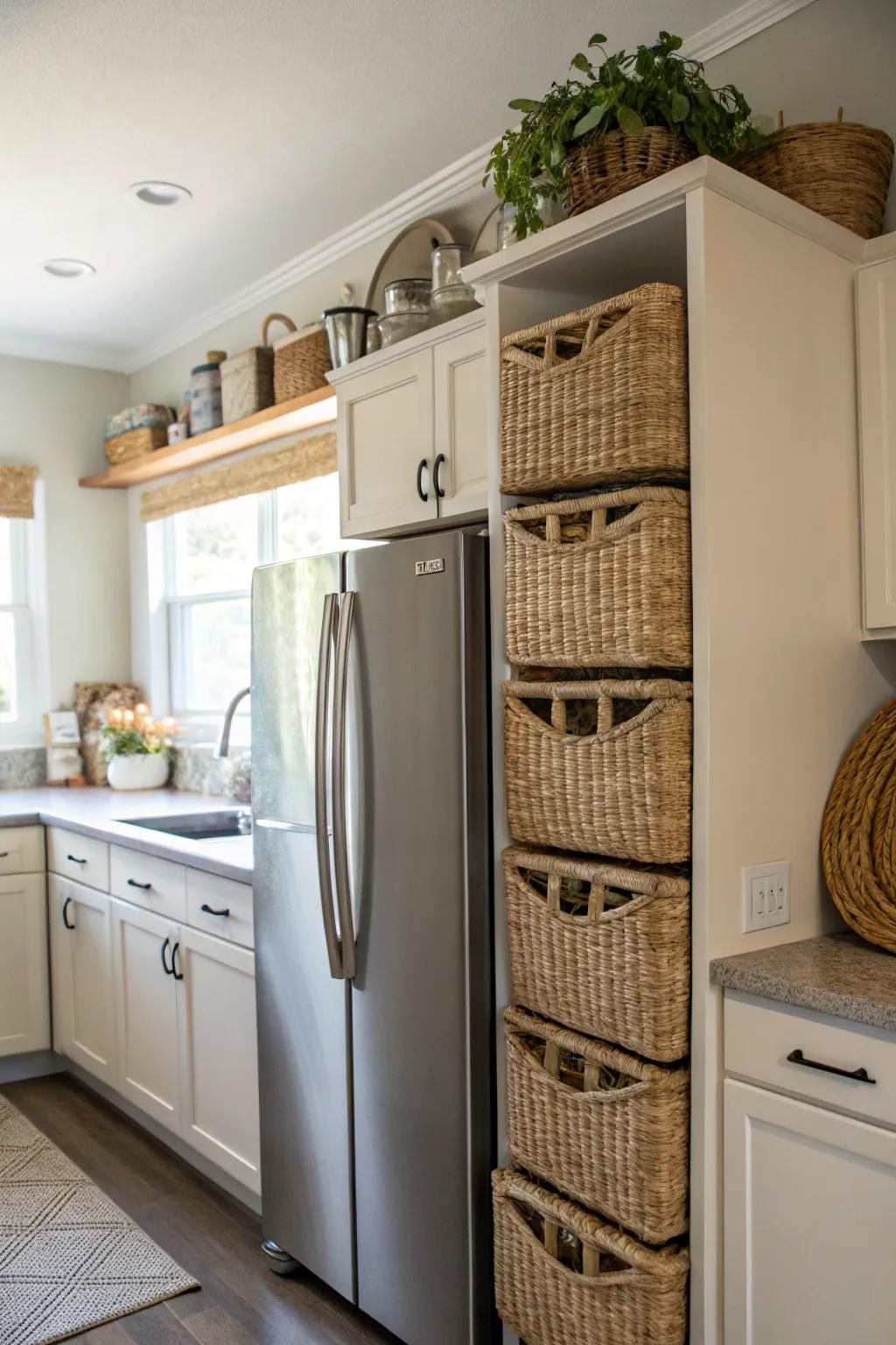 Employ woven baskets above the refrigerator for fashionable storage.