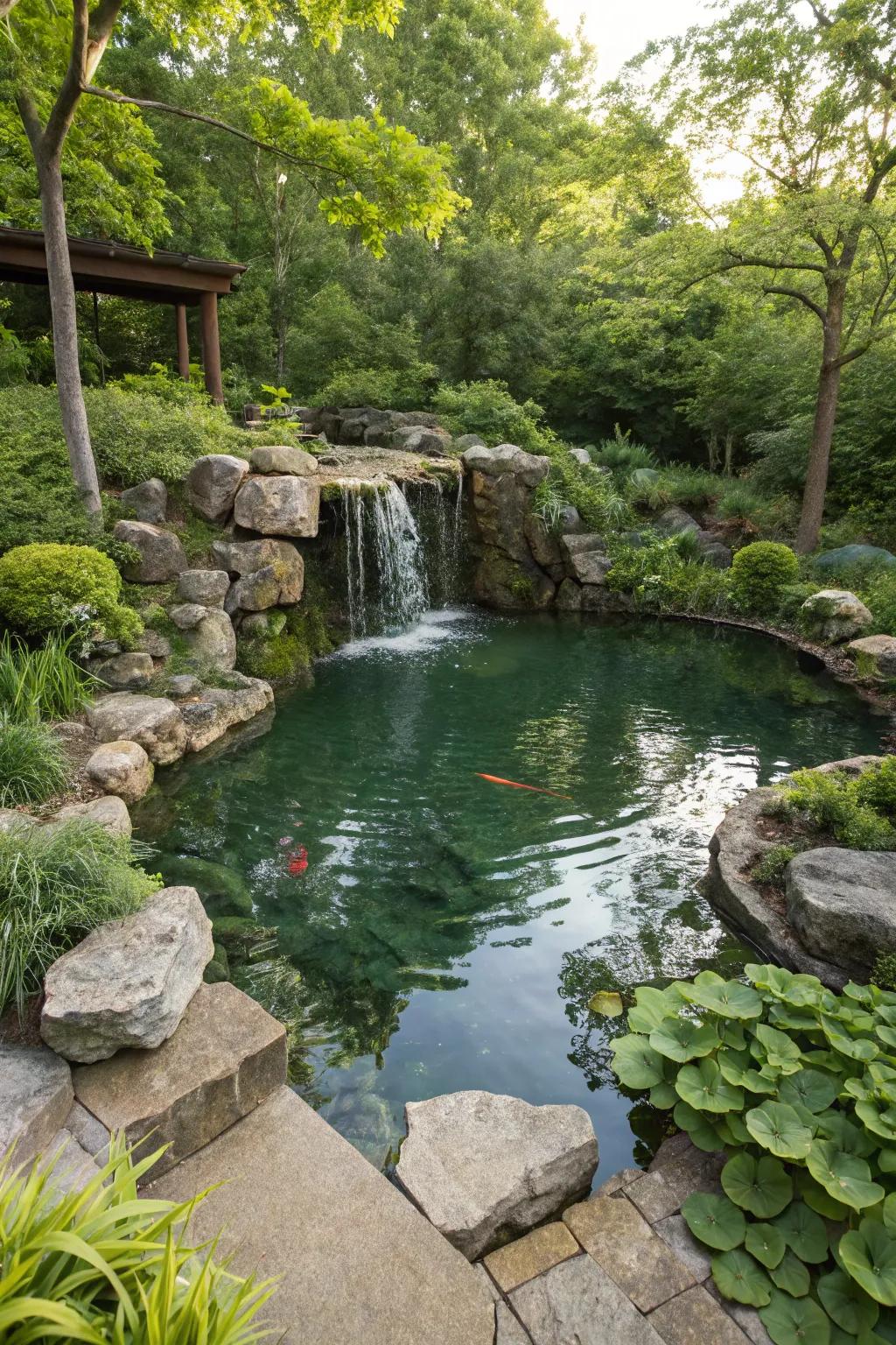 An exquisite stone waterfall, enhancing the sophistication of this above-ground pond.