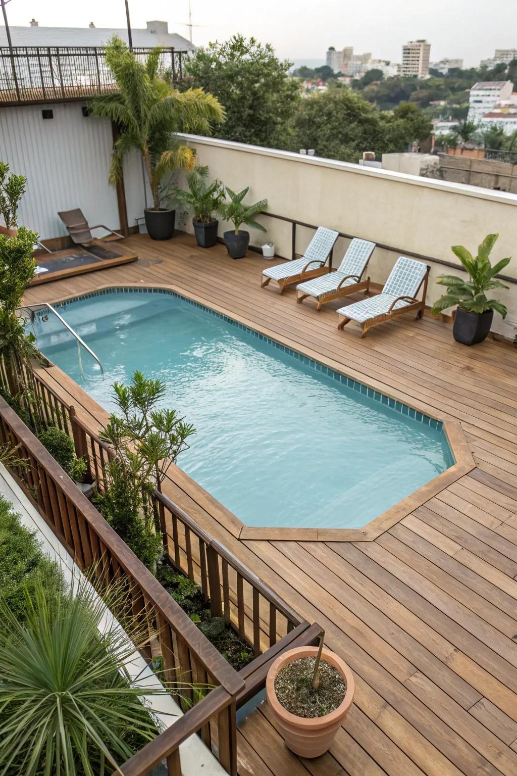 A timber deck enriches both the practical use and aesthetic charm of your above-ground pool.