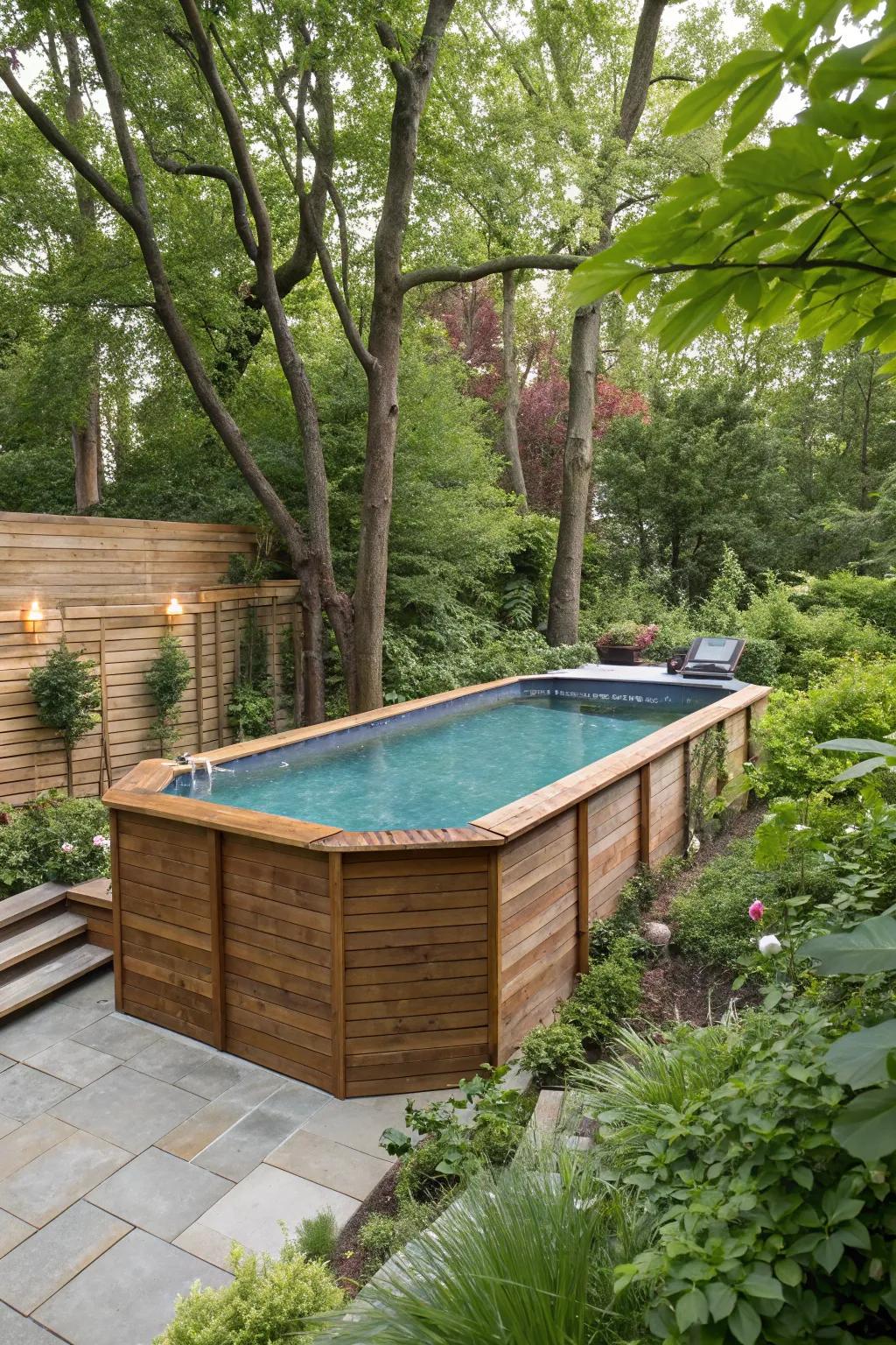 Wood cladding brings a cozy and organic aesthetic to above-ground pools.