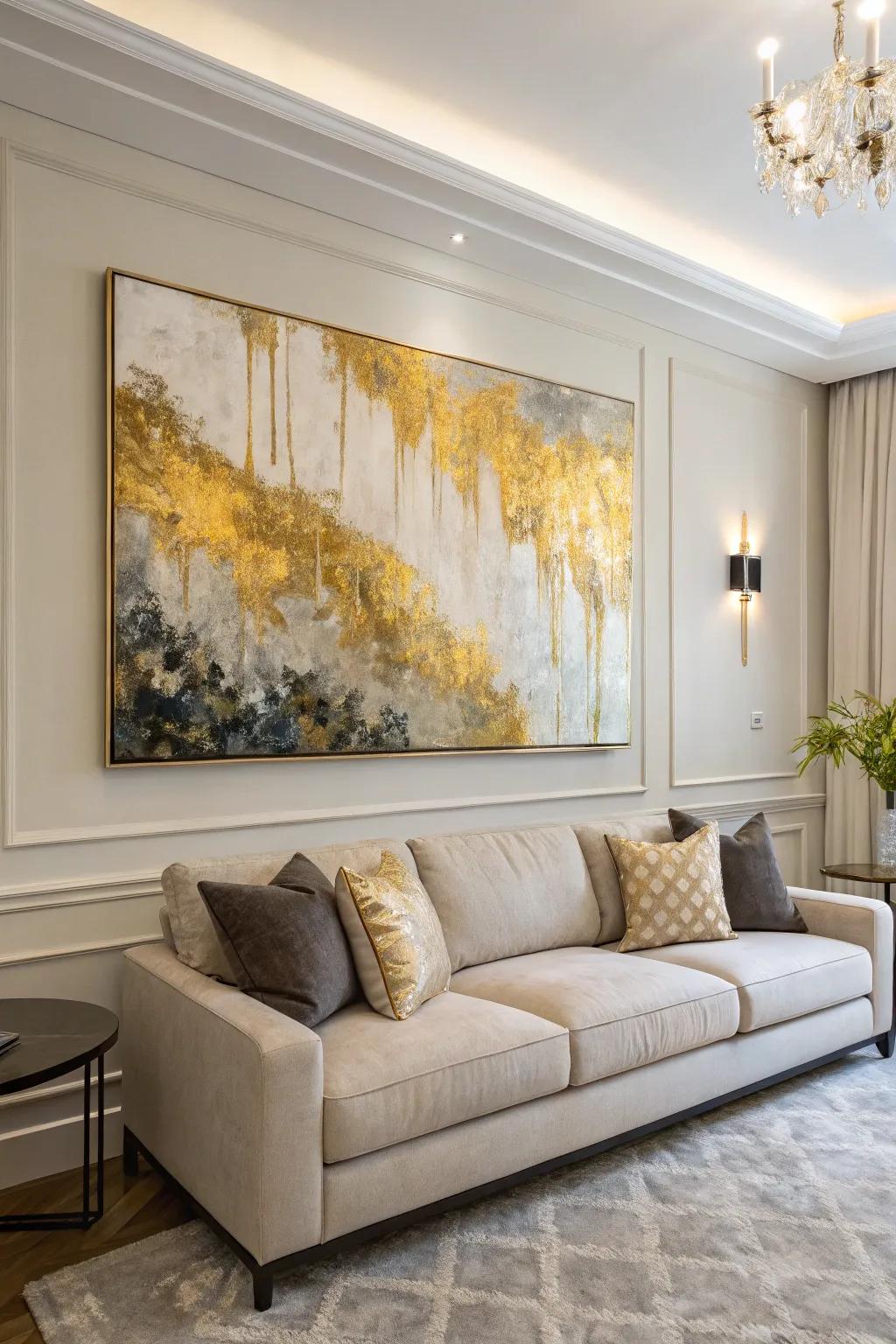 Neutral and gold shades bring a touch of sophistication and coziness to this living room.