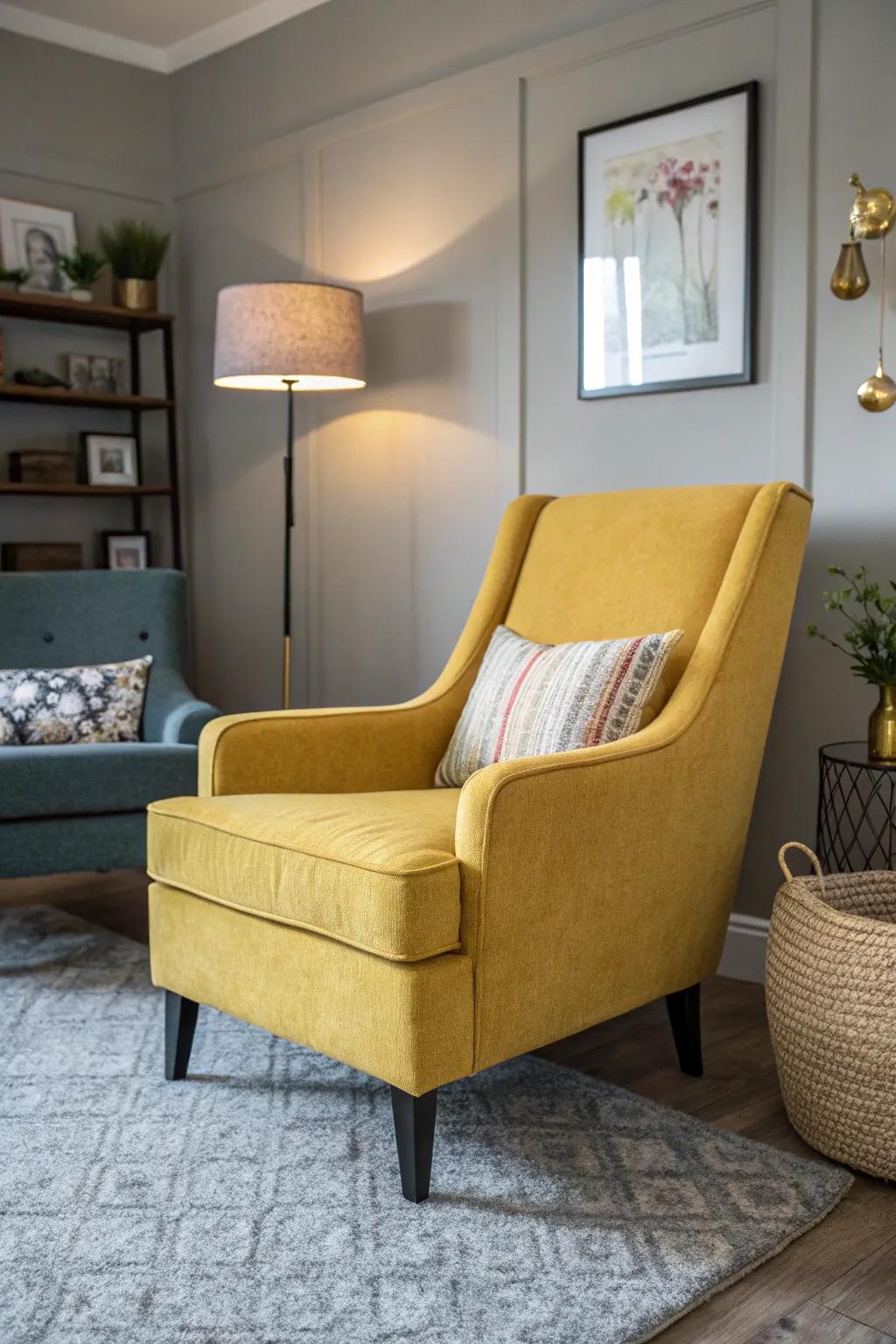 An amber-colored accent chair enlivens a living room with neutral tones.