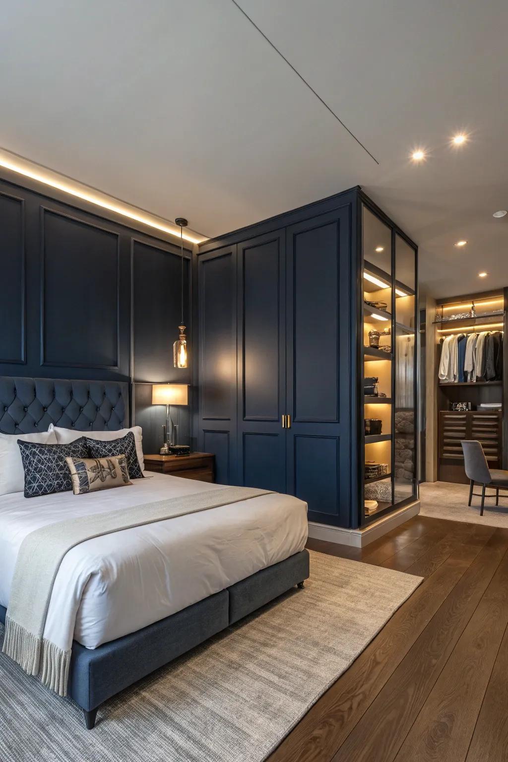 A deep blue accent wall adds sophistication and dimension to this cozy bedroom.