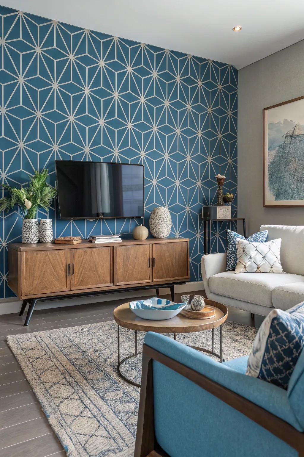 A stylish geometric pattern feature wall in a modern living space.