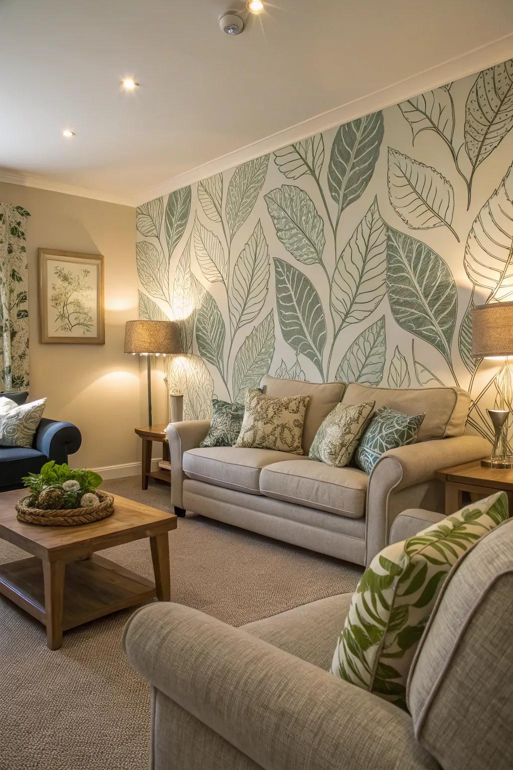A nature-inspired living room where leafy wallpaper creates a revitalizing retreat.