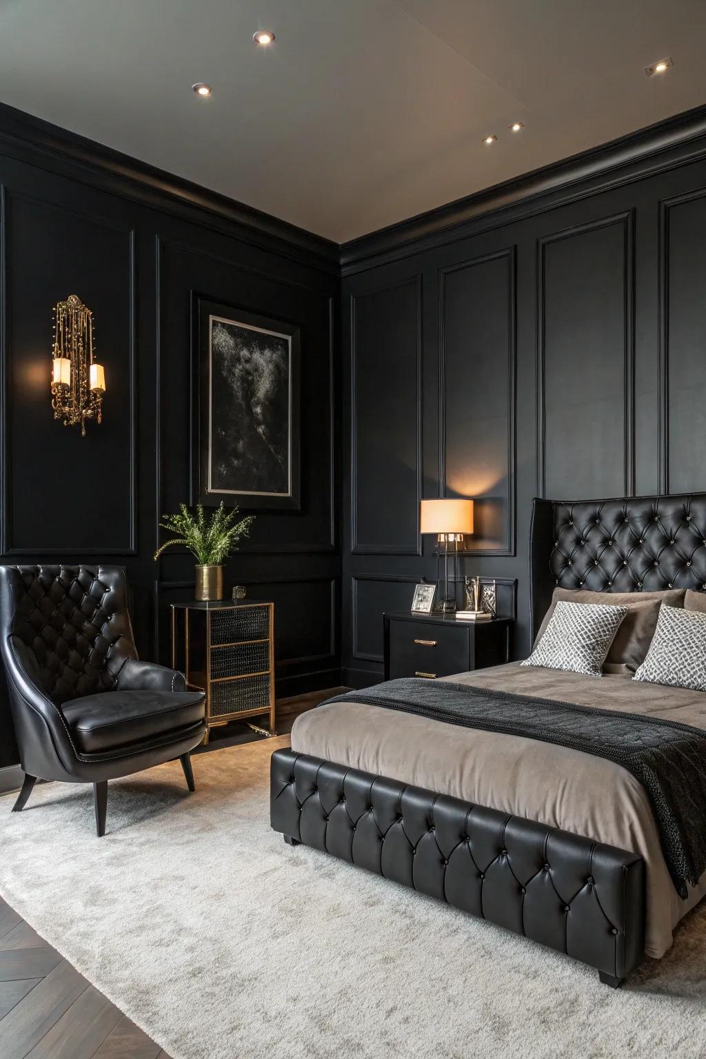 A bedroom showcasing black walls and furnishings, representing a unified dark shade design.