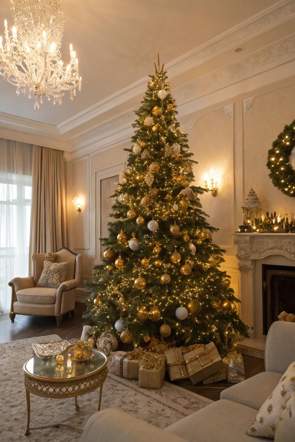 A Christmas tree exuding a golden shimmer with radiant ornaments and inviting lights.
