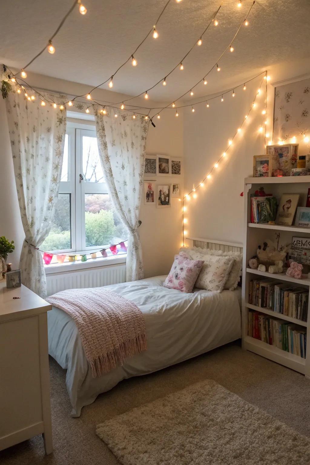 Twinkle lights producing a cozy radiance in an aesthetic room.