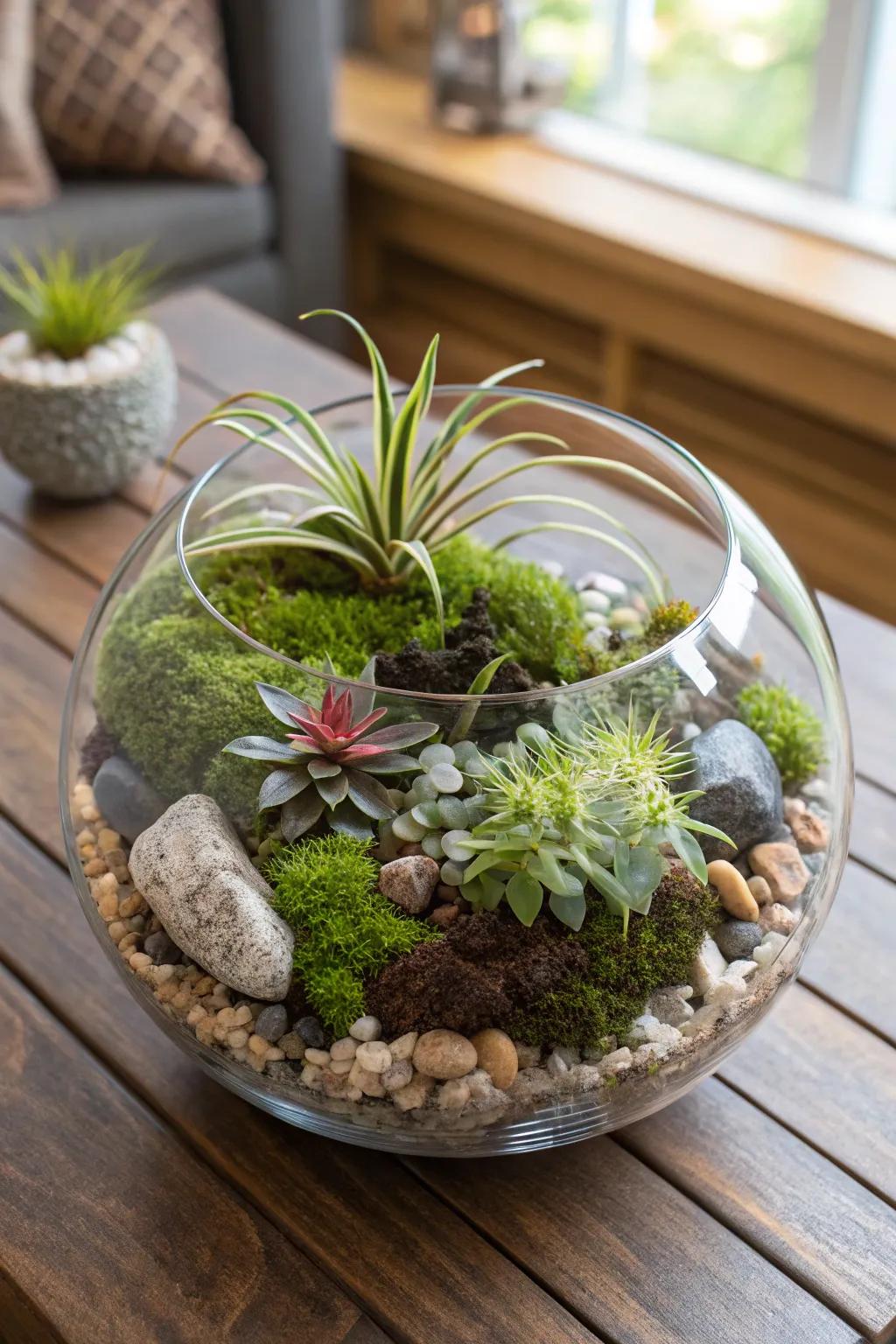 An elegant glass terrarium showcasing air plants and natural elements.