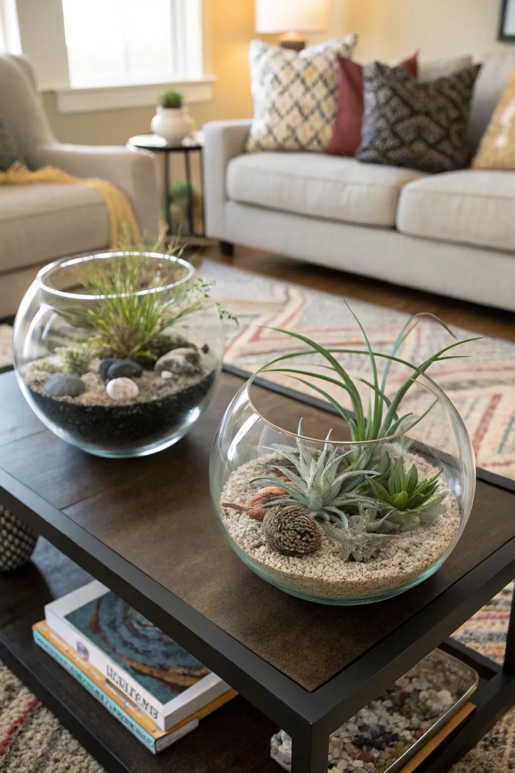 Air plants elegantly presented in glass bowls.