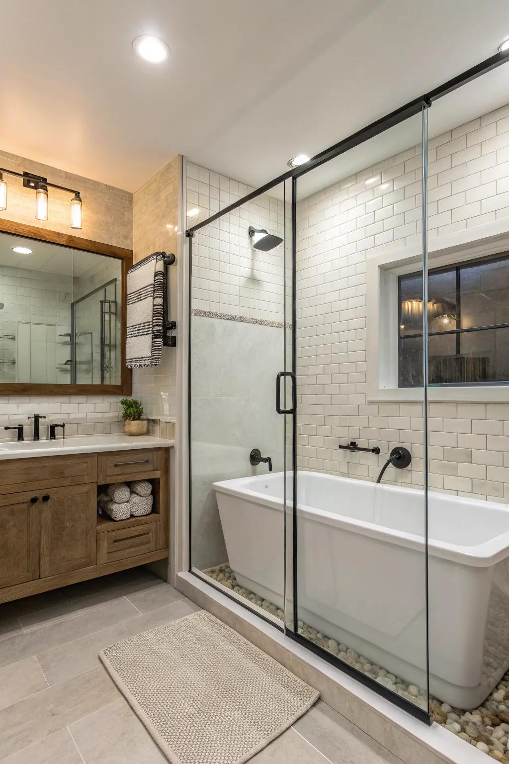 Adopt refined modern simplicity using clear pane shower walls.