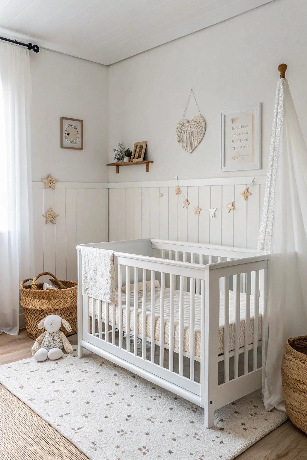 In a minimalist nursery, a white cot becomes the main attraction.