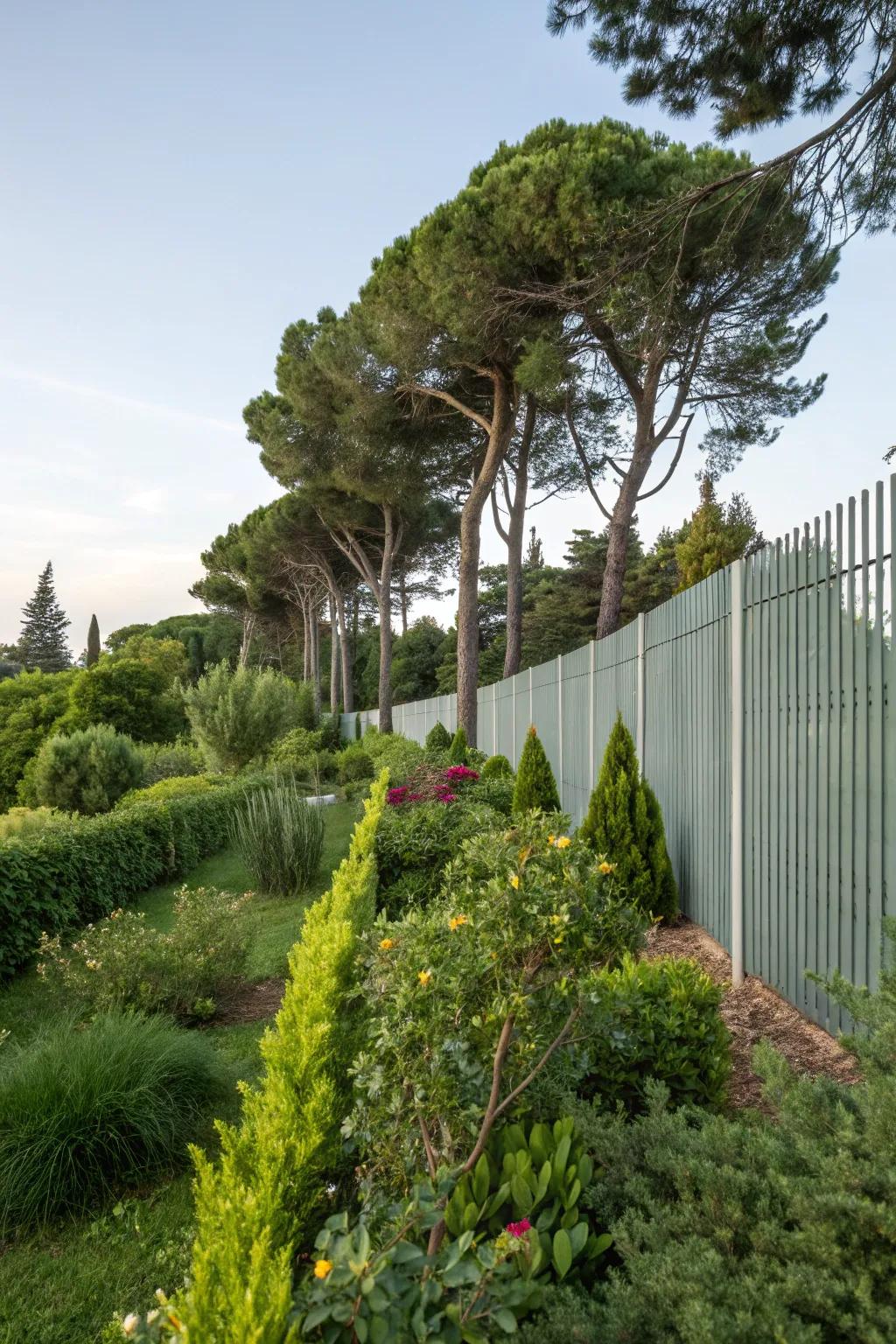 Greenery softens the appearance of an aluminum fence.