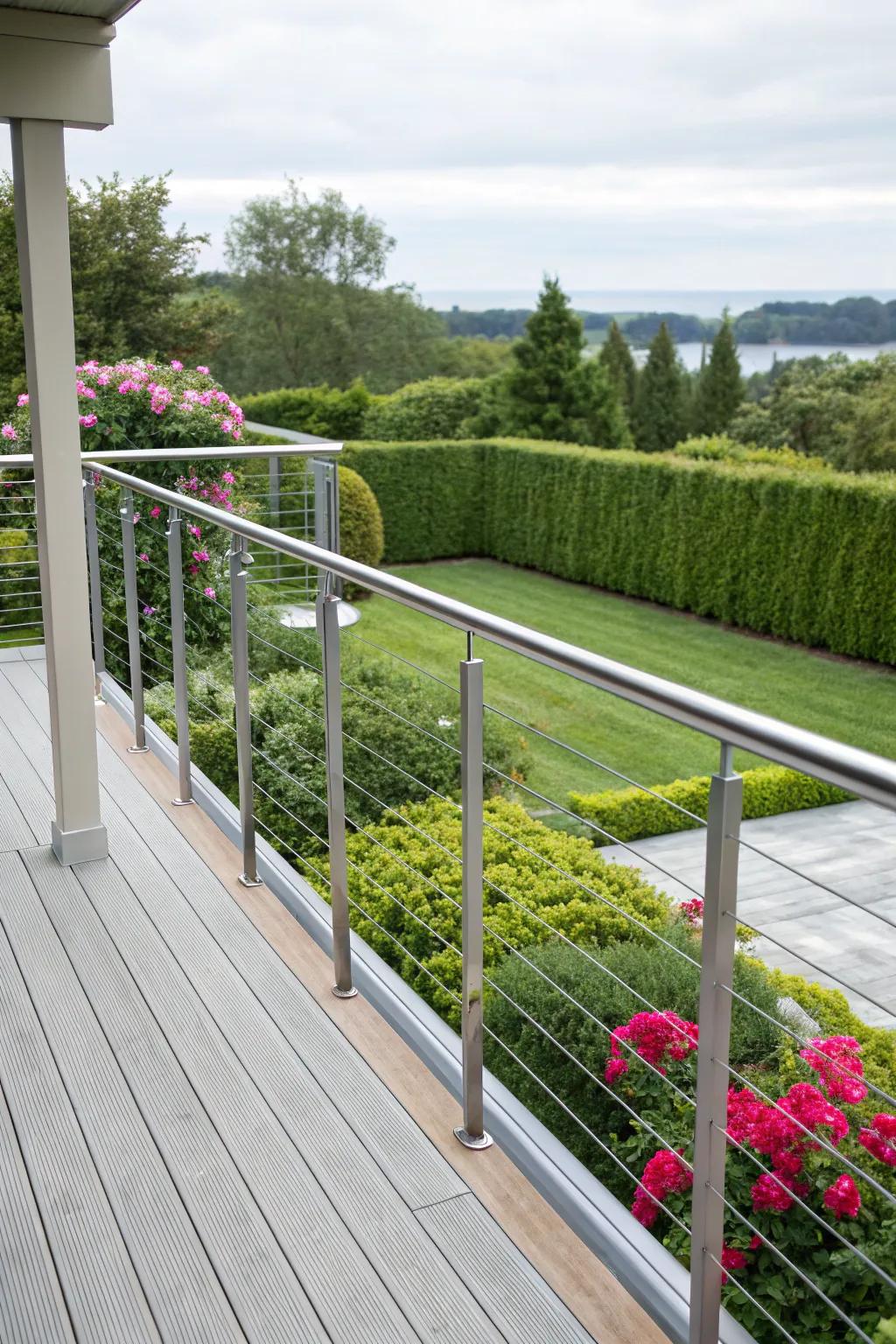 Simple aluminum railings adding a polished touch to a garden view.