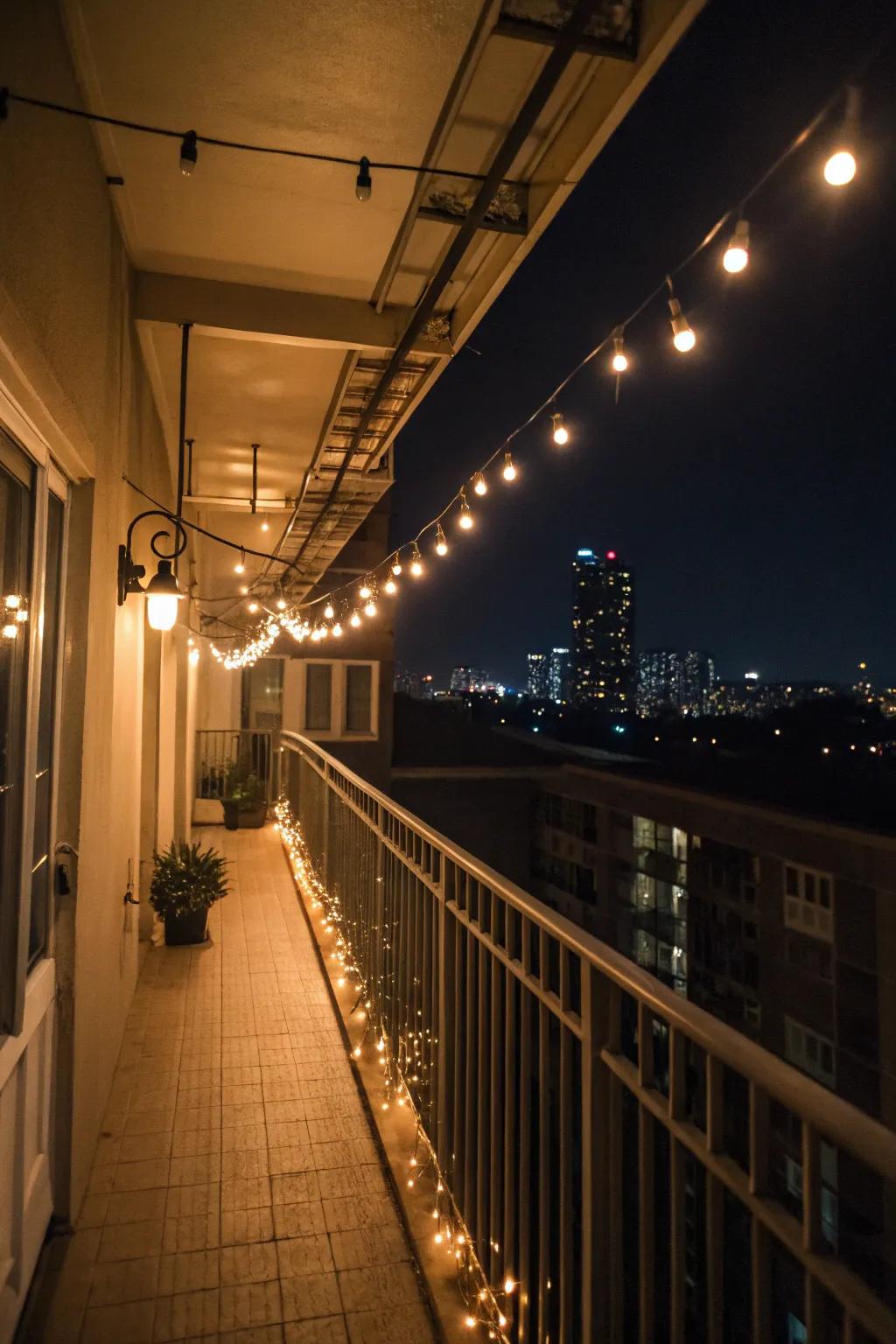 Twinkling lights spread a snug and delightful shimmer across this balcony.