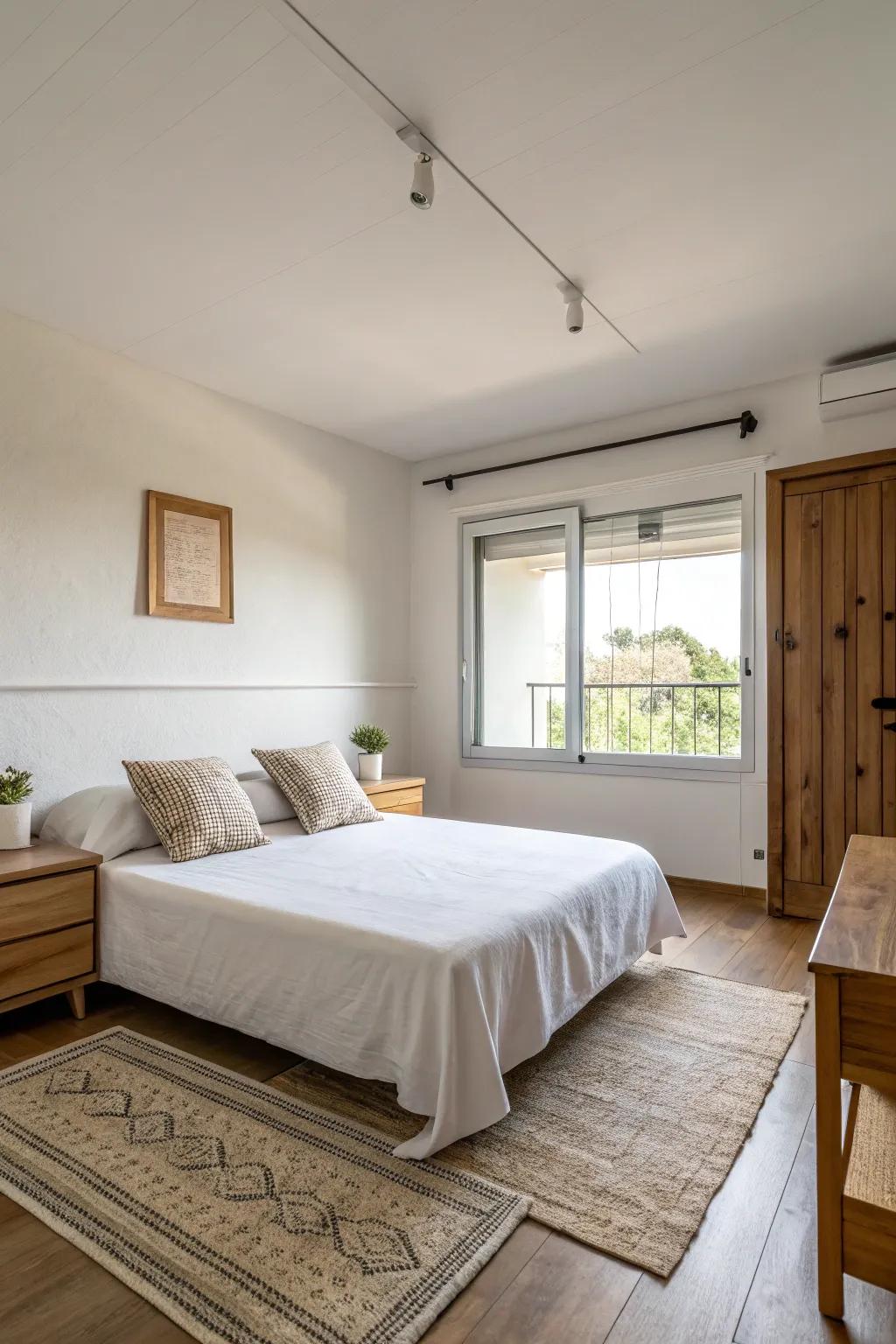 A simple apartment bedroom distinguished by uncluttered ambiance and simple lines.