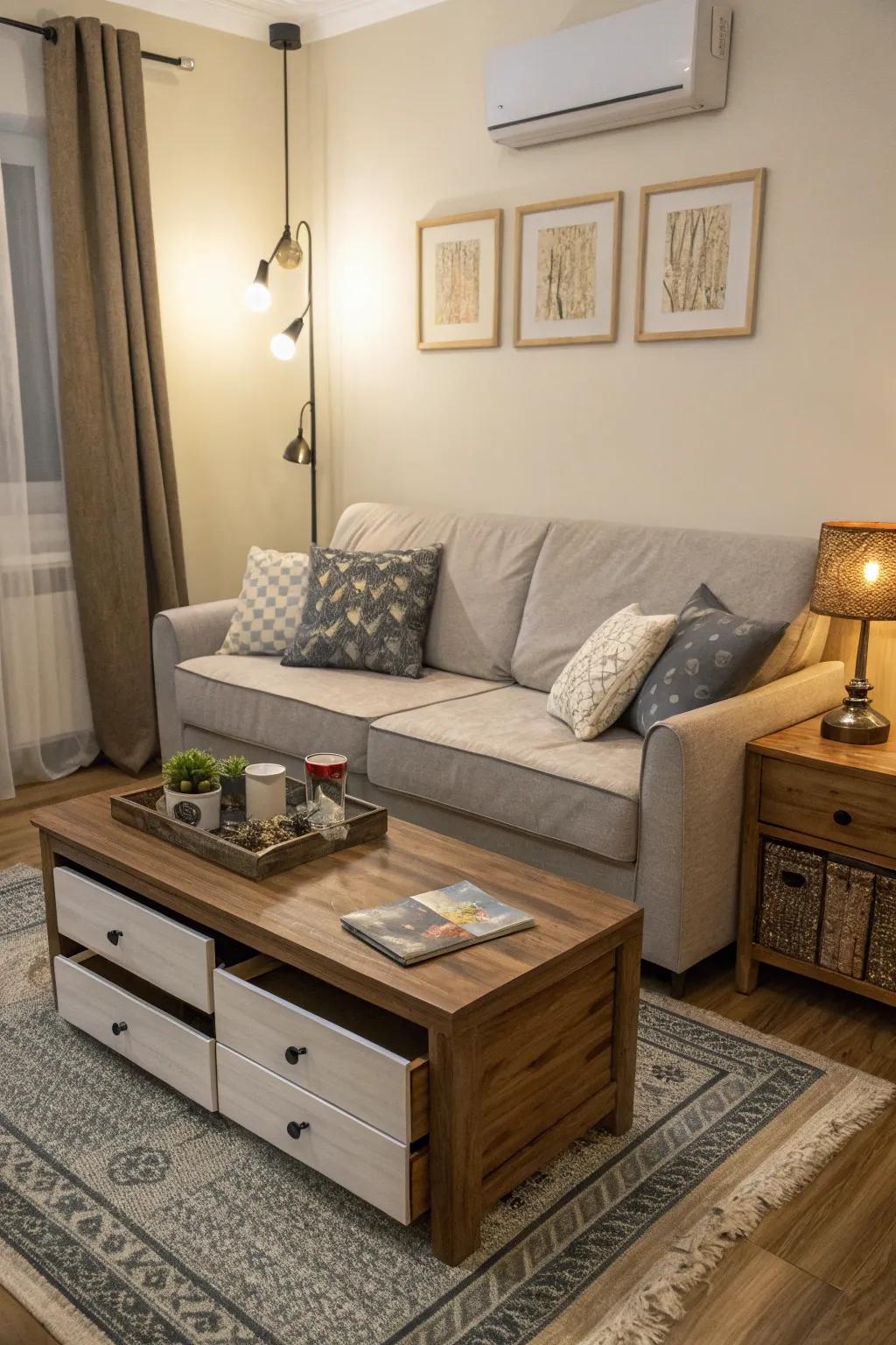 A stylish small living space showcasing adaptable furniture, such as a convertible sofa and a storage-equipped center table.
