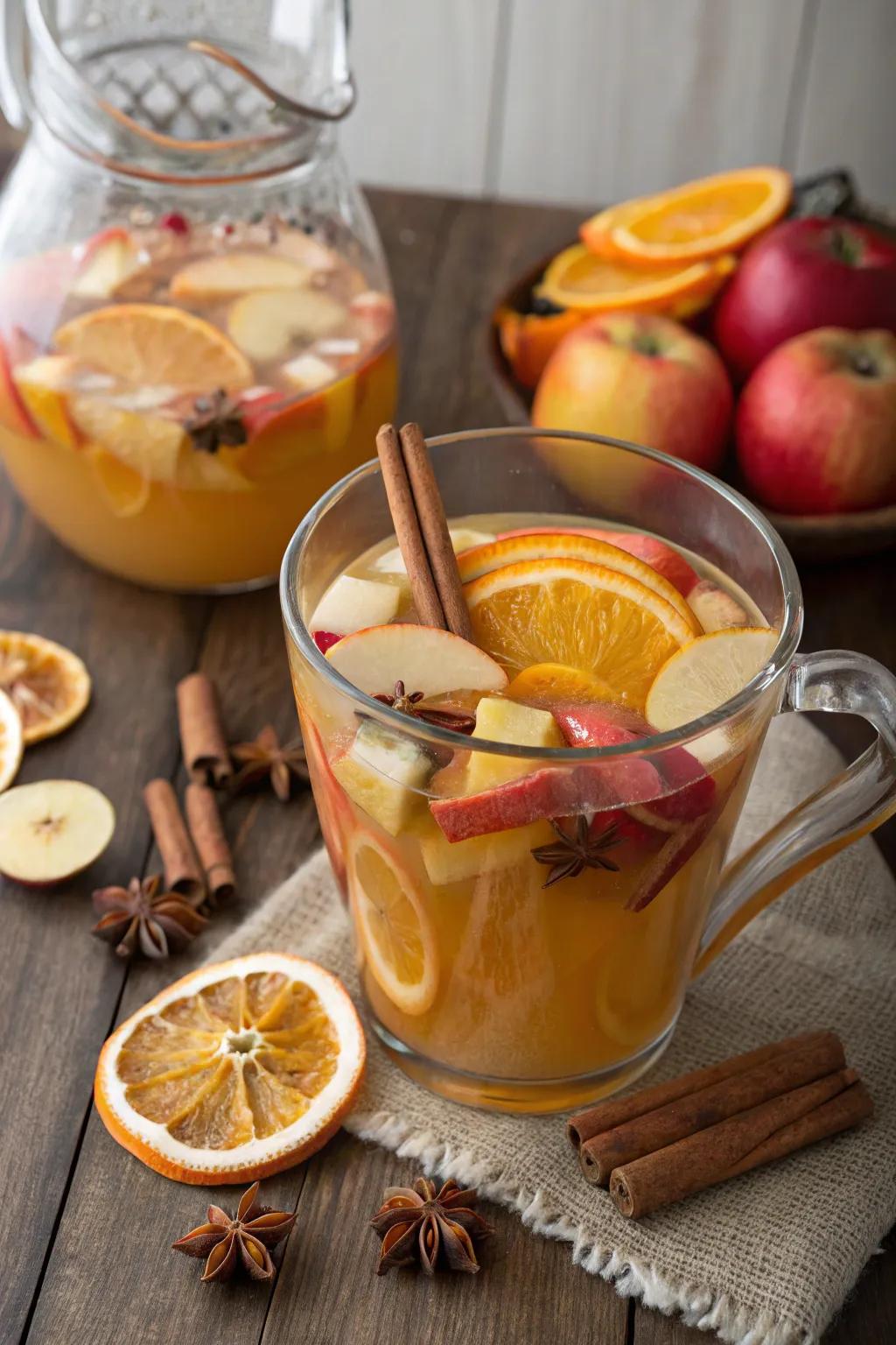 Timeless apple cider mix adorned with lively garnishes.