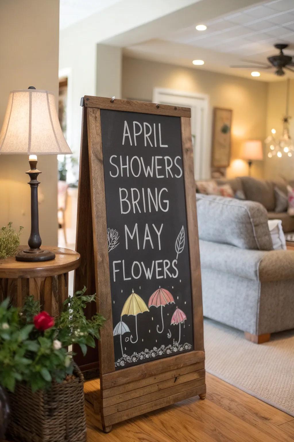April showers artwork with umbrellas and raindrops.
