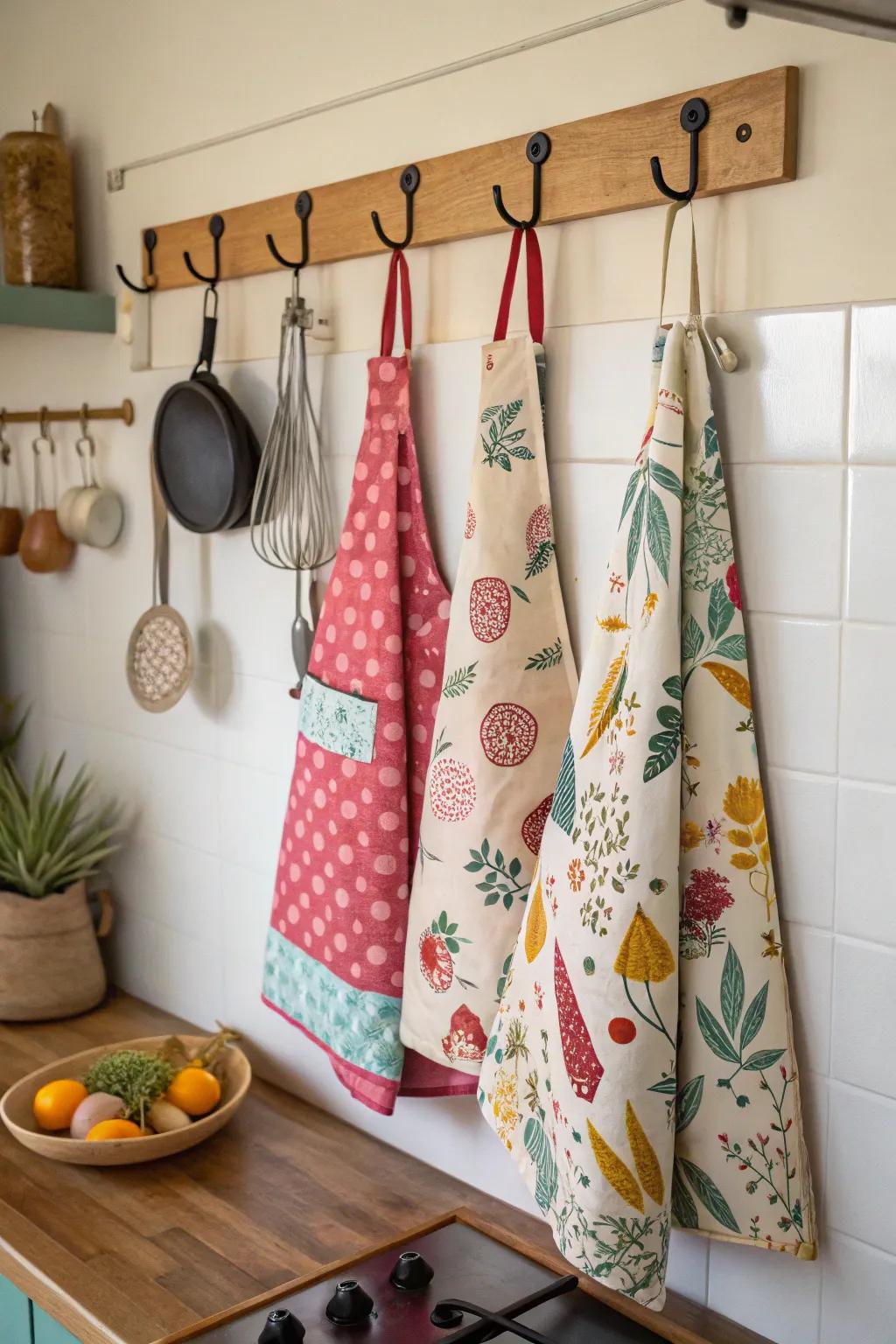 Employ chic wall pegs to construct a refined apron exhibition.