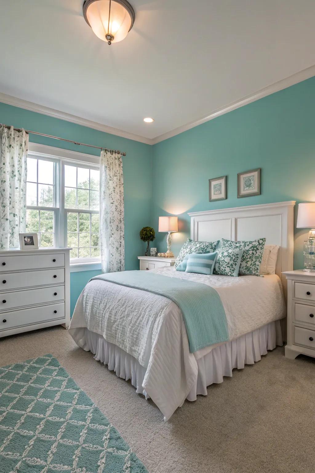 Aqua blue walls establish a serene bedroom vibe.