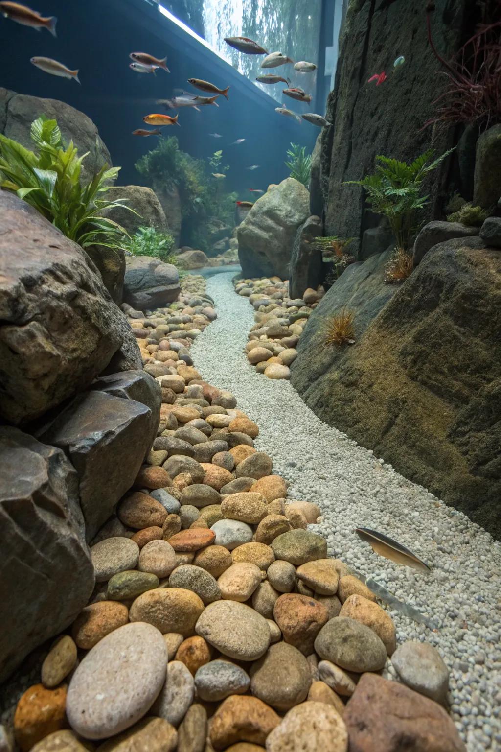 Natural stones meticulously arranged to simulate the calmness of a riverbed.