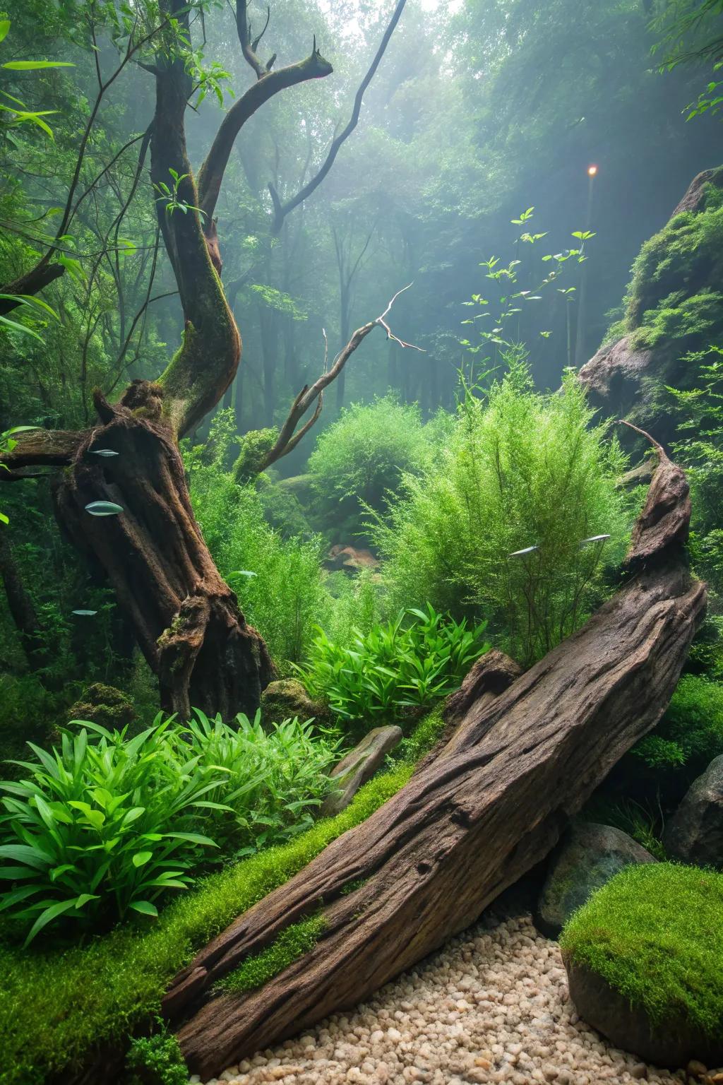 Design a natural haven with lively plants and Timberland driftwood.