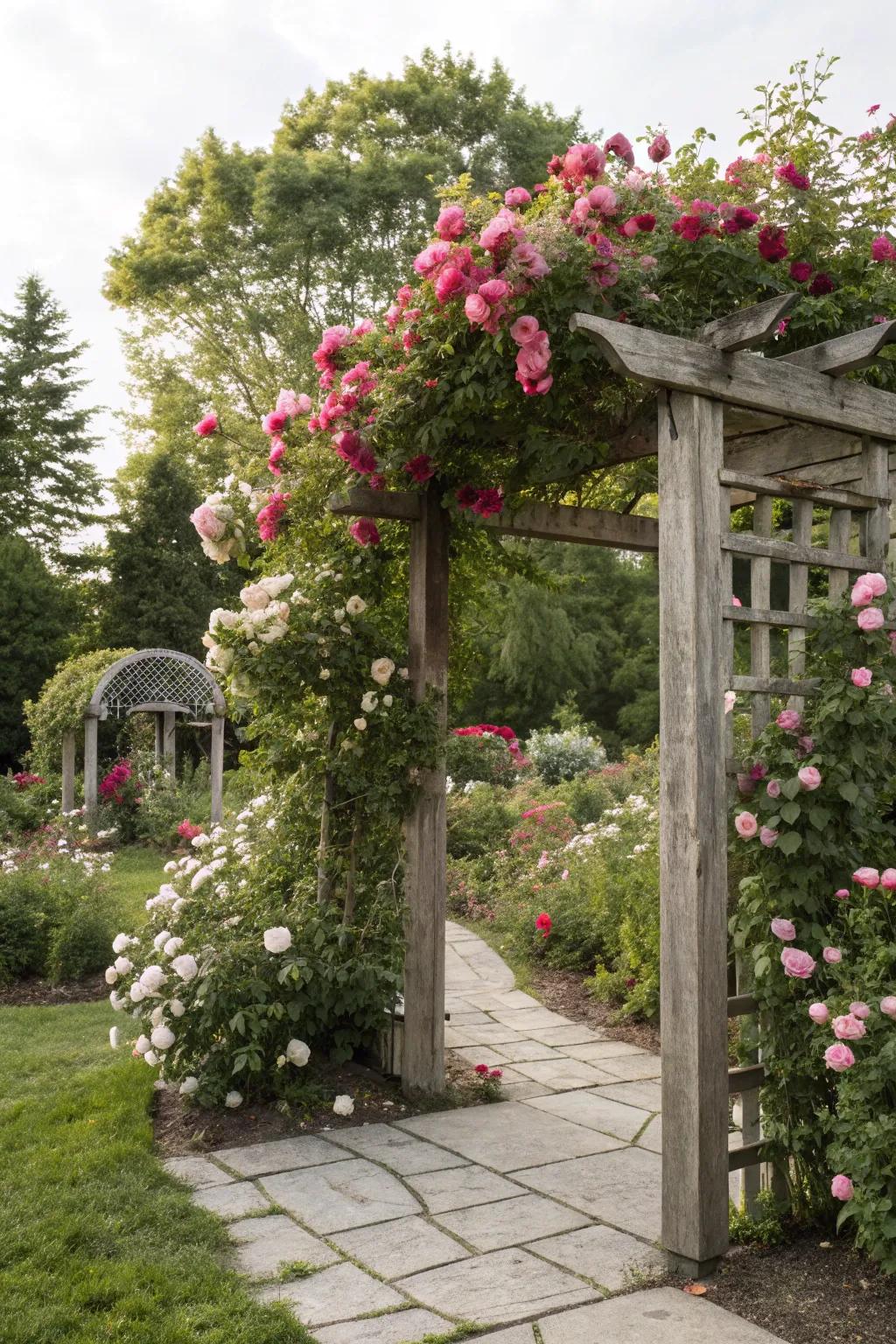 A classic wood arbor adorned with vibrant climbing roses.