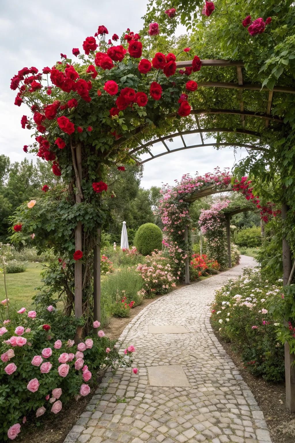 An arbor dressed in roses presents an enchanting, romantic entrance to the garden.