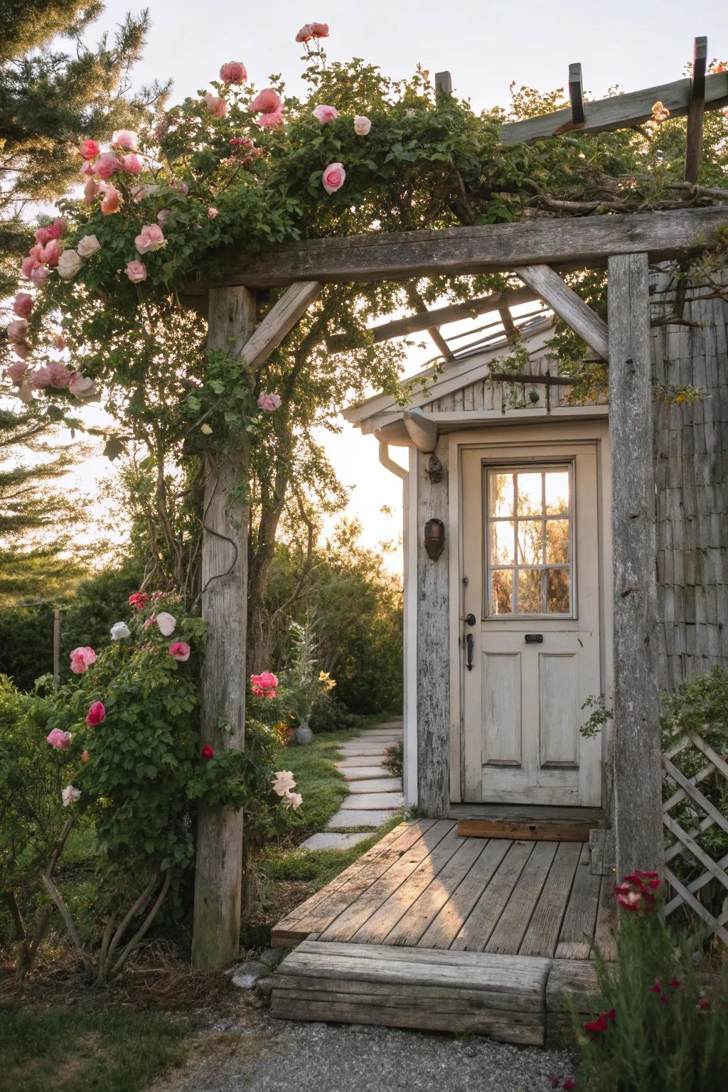 A country wood arch with twining blossoms creates a timeless entryway.